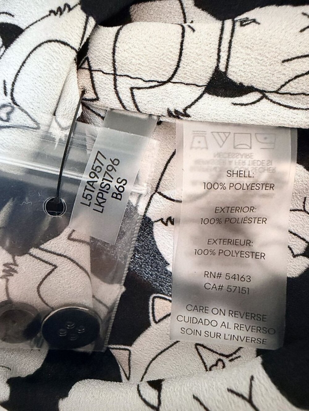Karl Lagerfeld Paris Choupette Cat Print Button Front Blouse Shirt BlackWhite XS - Picture 7 of 10